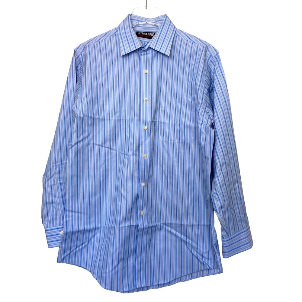 Kirkland Signature Blue/Gold Pinstriped Dress Shirt. Size 15.5/32 Medium